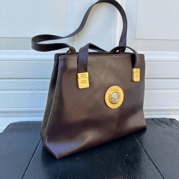 Vintage 90s Gianni Versace Bag Tote Purse Brown Gold Italy Medusa Logo - Picture 3 of 8